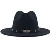 Wide Brim Wool Felt Fedora Panama Hat with Belt Buckle Jazz Trilby Cap for Men Women Pink Black 56-60CM