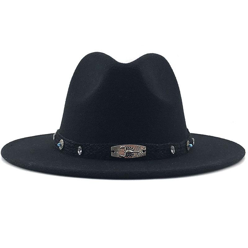 Wide Brim Wool Felt Fedora Panama Hat with Belt Buckle Jazz Trilby Cap for Men Women Pink Black 56-60CM
