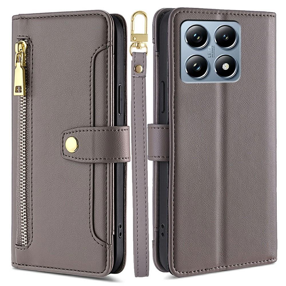 For Xiaomi 14T Pro Leather Case Zipper Pocket Wallet Phone Cover with 2 Straps