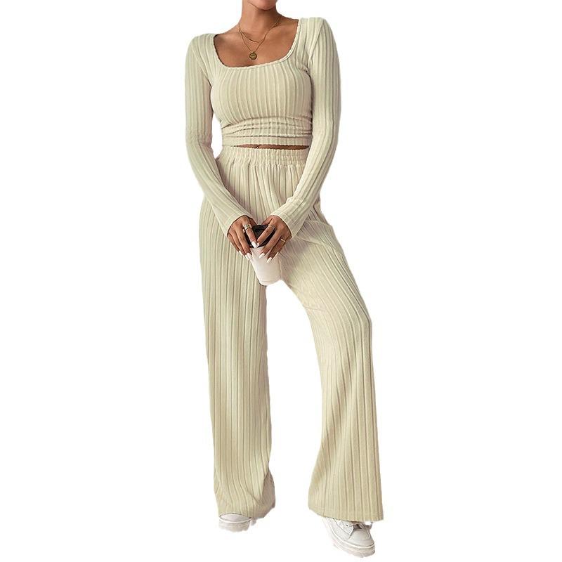 Women's Fashion Knitted Ribbed Wide-Leg Pants and Round Neck Long-Sleeve Top Suit