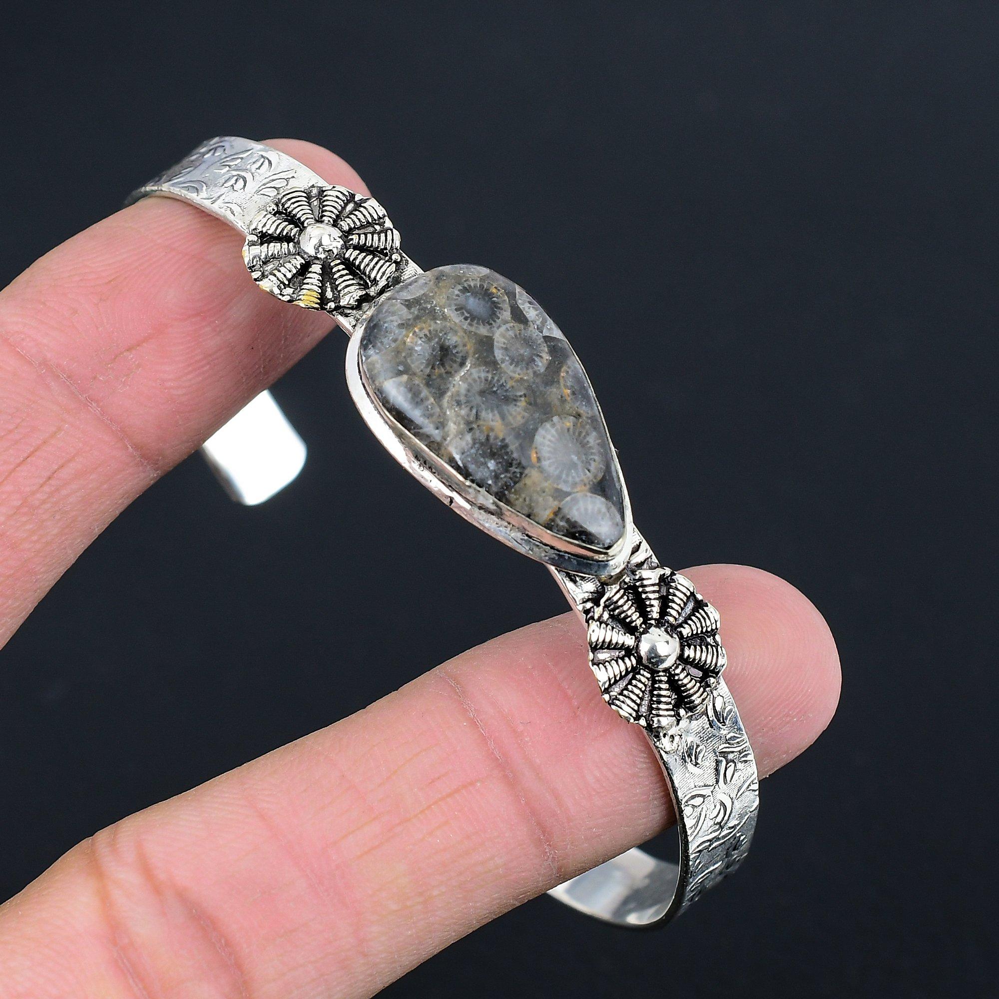 

Natural Black Fossil Coral Gemstone 925 Silver Bangle Adjustable For Women Adjustable