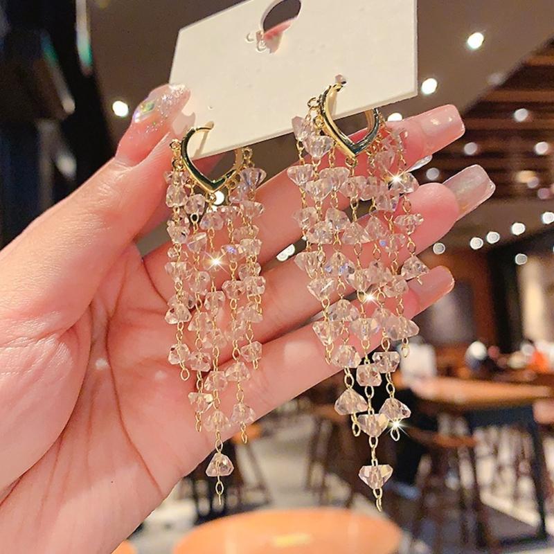 Long Crystal Fringe Earrings Slimming Design for Round Faces Sparkling Crystals for Parties Daily Wear Comfortable