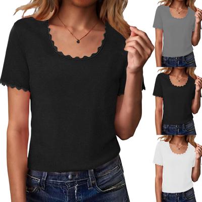 Women's Lace Trim Casual T-Shirts Short Sleeve Loose Going Out Tops Blouses