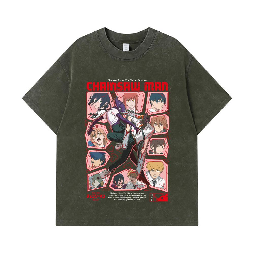 275 GSM Washed T-shirts 100% Cotton Chainsaw Man V18 Reze Arc Print Unisex Heavy Cotton T Shirt S армия зеленый