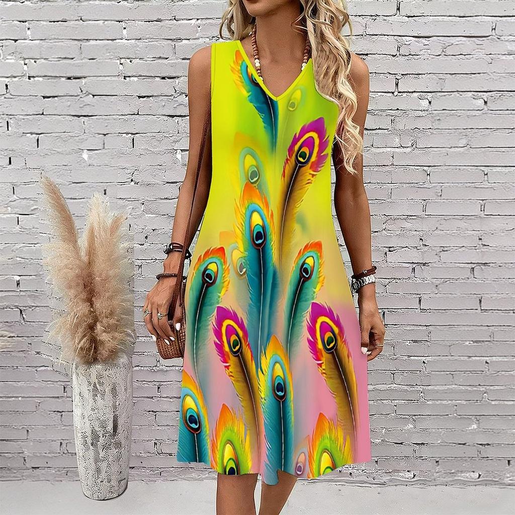Plus Size V Neck Sleeveless Dress Cloud Wrapped Mountain Waterfall Print For Remote Scenic Travel