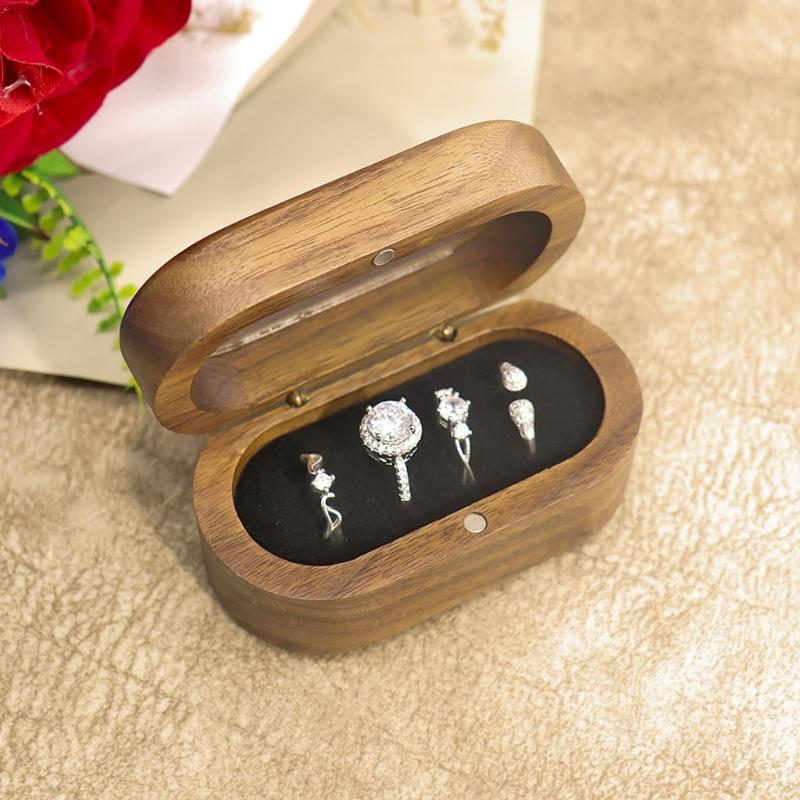 Elegante Ringbox mit vier Fächern Ring-Präsentationsetui aus Schwarznuss mit transparentem Sichtfenster für Schmuckliebhaber