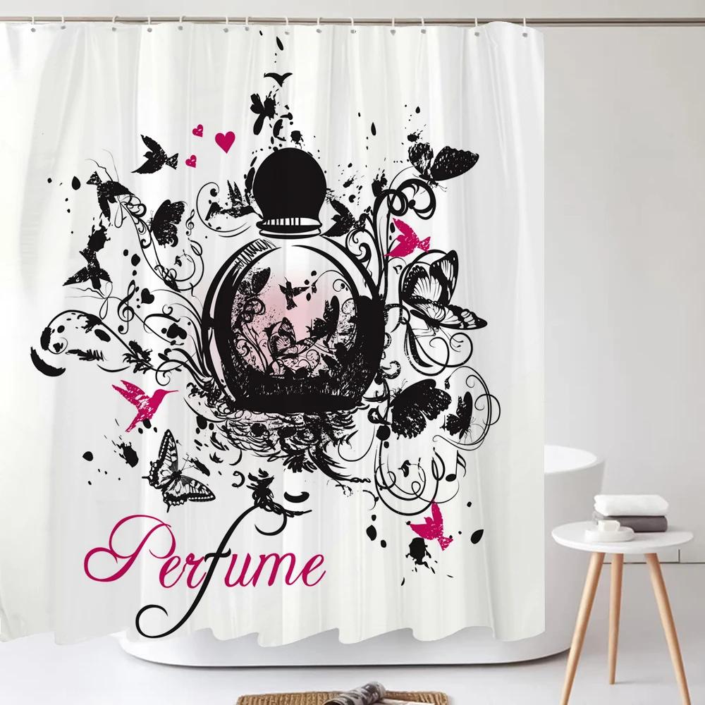 Modern Cosmetics Perfume Flowers Shower Curtain Minimalist Art Girl decoration Polyester Fabric Bathroom Curtain with Hooks
