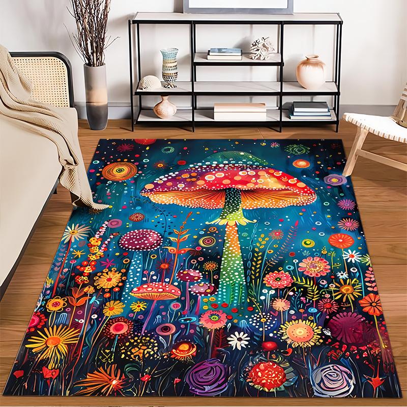 Colorful Mushroom and Floral Carpet, Psychedelic Art Style Design Suitable for use as an anti-slip for living room bedroom sofas