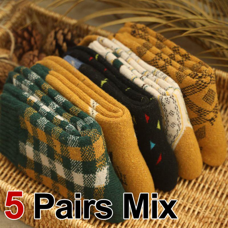 

Зимние шерстяные носки Толстые теплые махровые носки Винтажный стиль Уличные уютные термоноски 5-pair