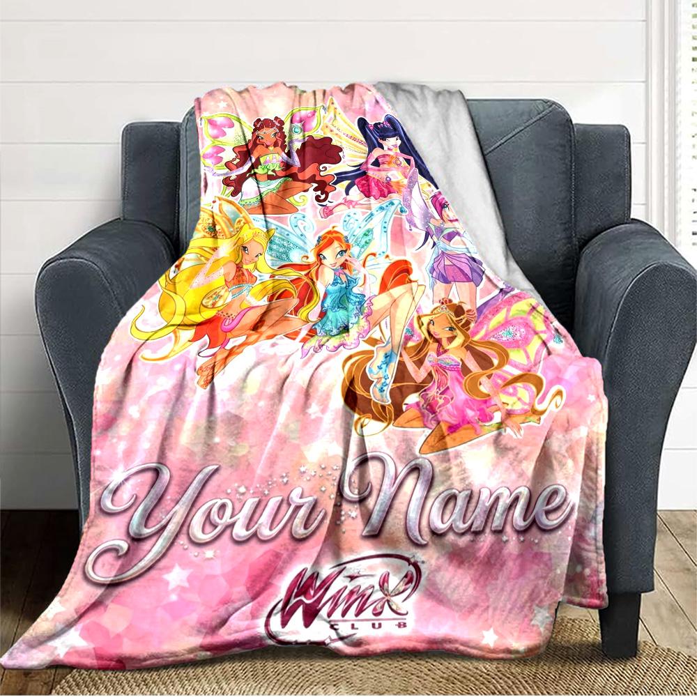 Name Custom Winx Club Cartoon Print Flannel Blanket High Quality Warm Comfortable Cover for All Seasons Perfect for Gifts Home Decor