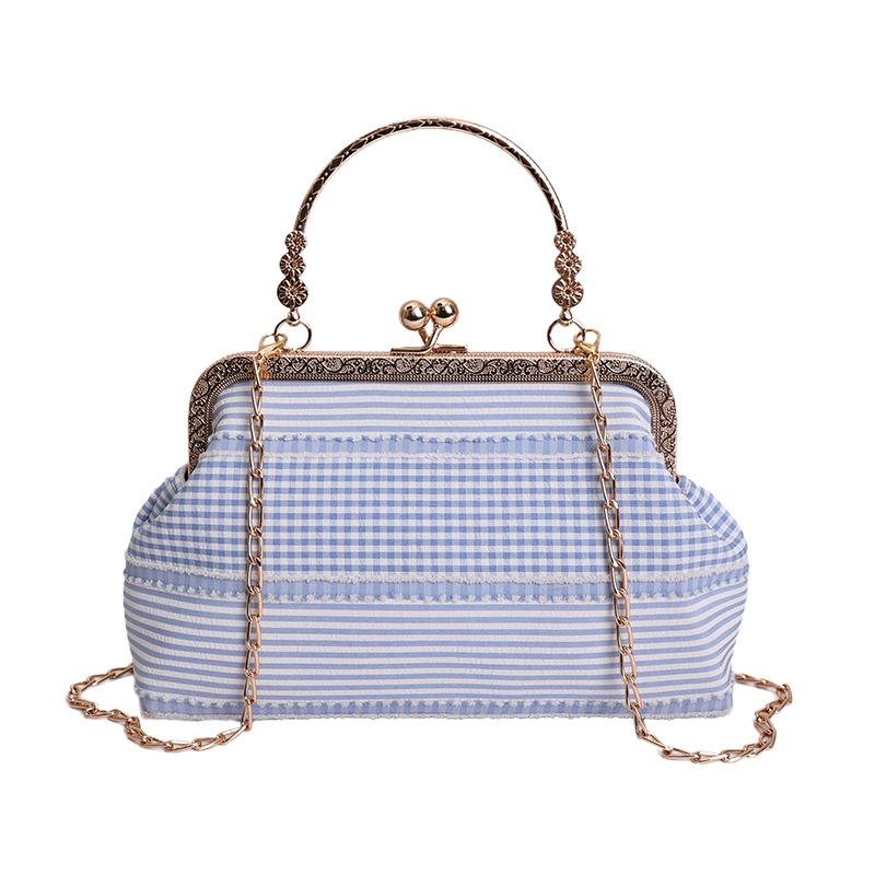 

Fresh messenger mobile phone bag retro bag storage cosmetic bag fabric mouth gold bag women s contrasting color plaid handbag синій