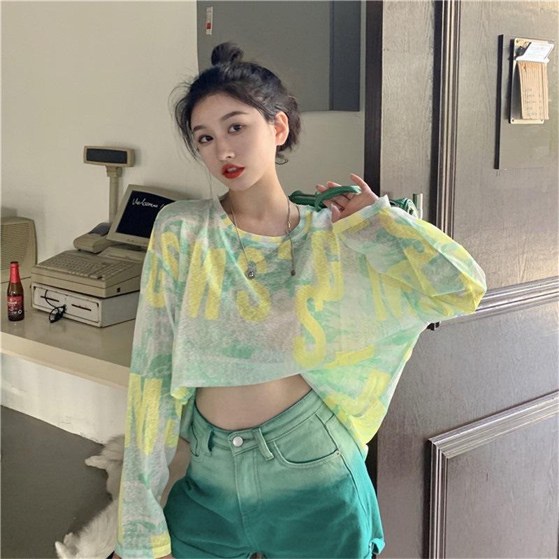 Summer Thin Design Ice Silk Long-sleeved T-shirt for Women Loose Sunscreen Mesh Base Shirt for Women