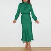Women Dress Half-high Collar Satin Long Sleeve Solid Color Hollow Out Lantern Sleeve