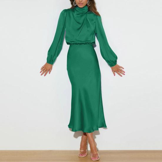 Women Dress Half-high Collar Satin Long Sleeve Solid Color Hollow Out Lantern Sleeve