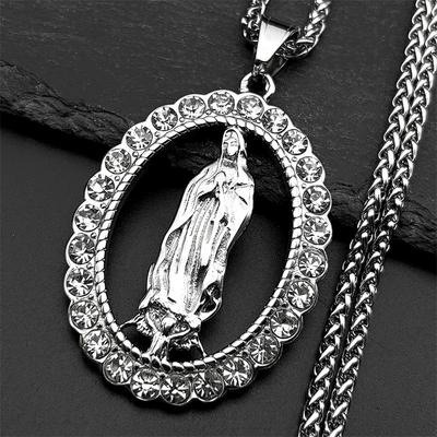 Collana Pendente Ovale Vergine Maria Cattolica per Donne Uomini Cristalli Colore Oro Acciaio Inossidabile Gioielli Nostra Signora di Guadalupe Regalo