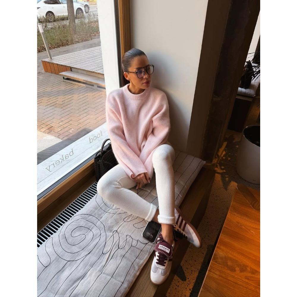 Fauler Stil Rundhals Faux Nerz Pullover Damen Frühling Herbst Locker Gestricktes Oberteil Premium Langarm Pullover