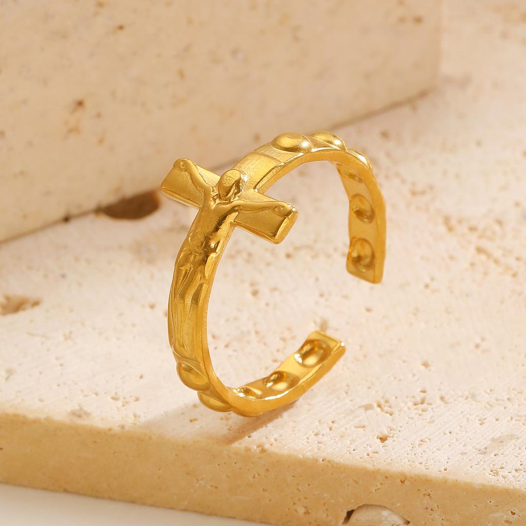 Vintage Jesus Cross Faith Exquisite Rings for Women Men Stainless Steel Jesus Cross Adjustable Ring Religious Party Jewelry Gift