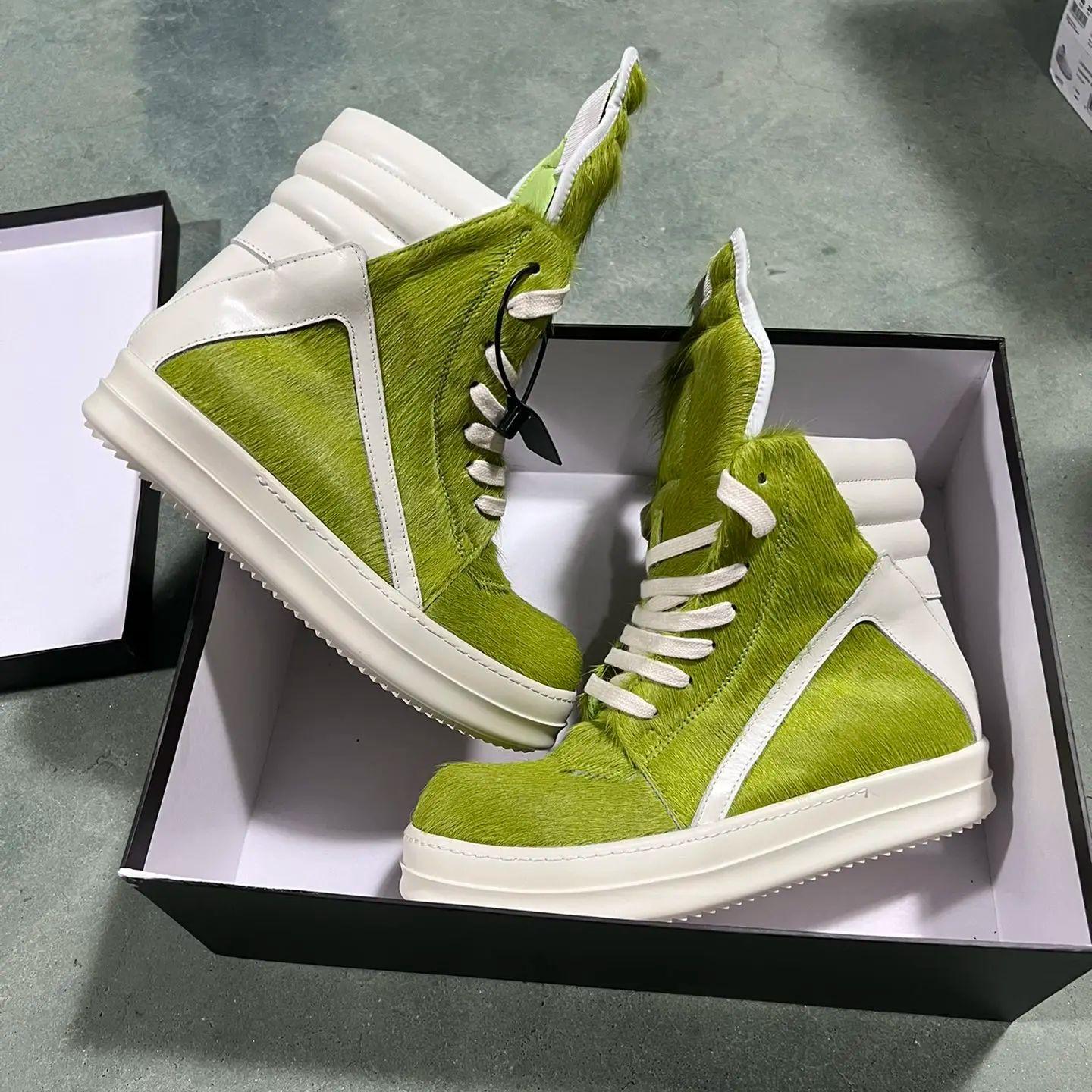 

Minimalist Quality Grass Green Horsehair Genuine Leather Casual Man Furry Shoes Woman High Top Furry Sneakers Flats Ankle Boots 48 grass зелений колір