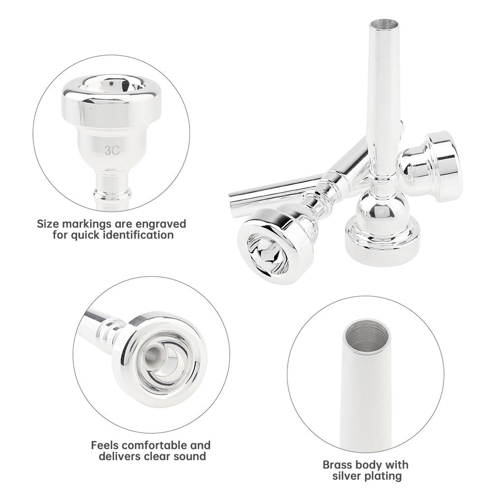 Silver Plated Brass 3pcs Trumpet Mouthpiece Set 3C 5C 7C Includes Brush Cloth EVA Case Professional Beginner Bach Conn King