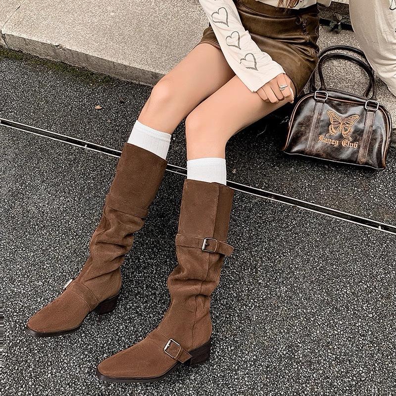 Coarse Heel Western Cowboy Boots Slim Belt Buckle But Knee Maillard Knight Boots Women's Winter 2025 New Stacking Boots