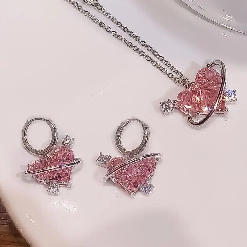 Pink Heart Pendant Necklace Earrings Women's Fashion Shiny Zircon Stud Earring Necklace Romantic Party Wedding Zircon Sets