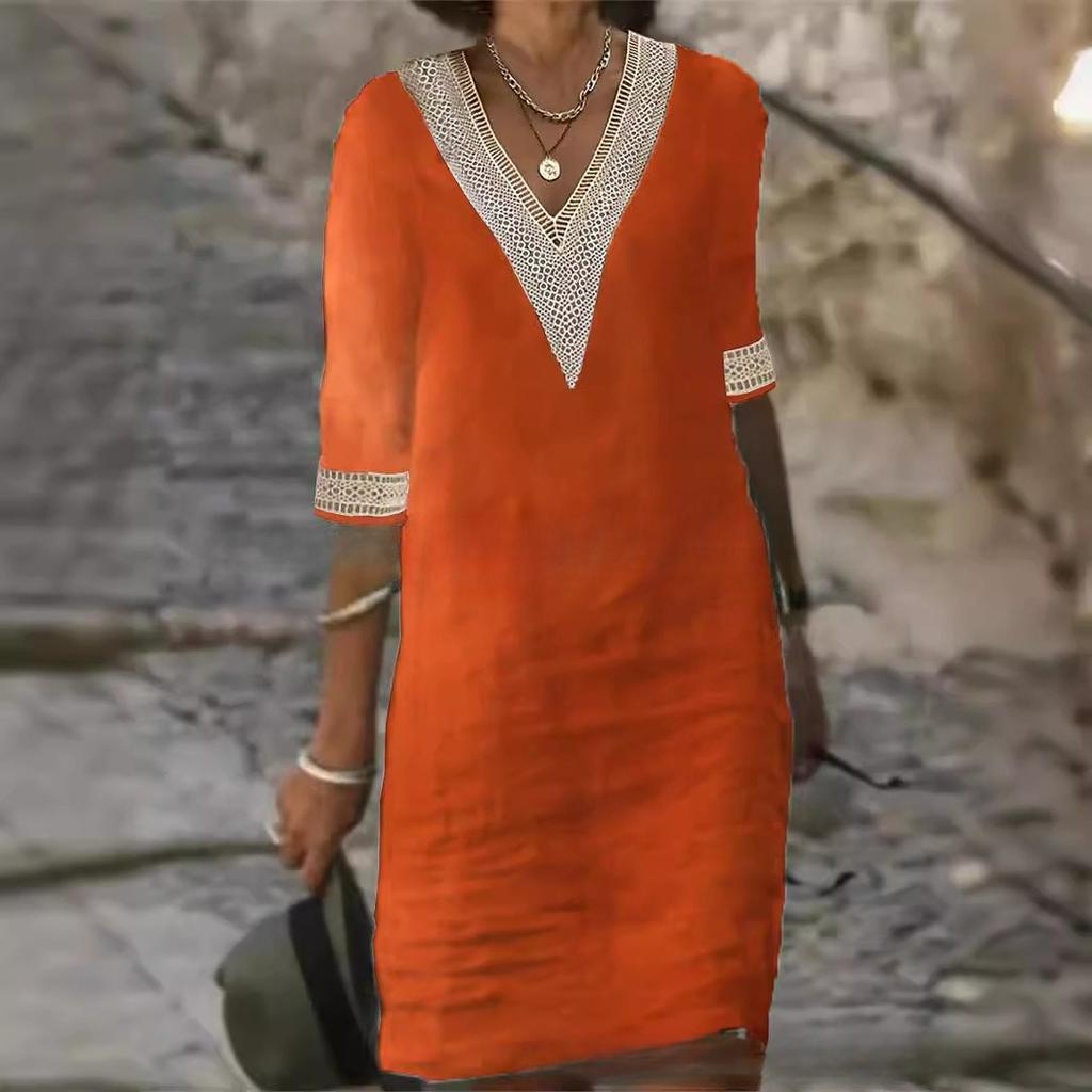 VEZFAA Kadın Modası Yaz İlkbahar 1/2 Kol V Yaka Bol Belli Günlük Elbiseler