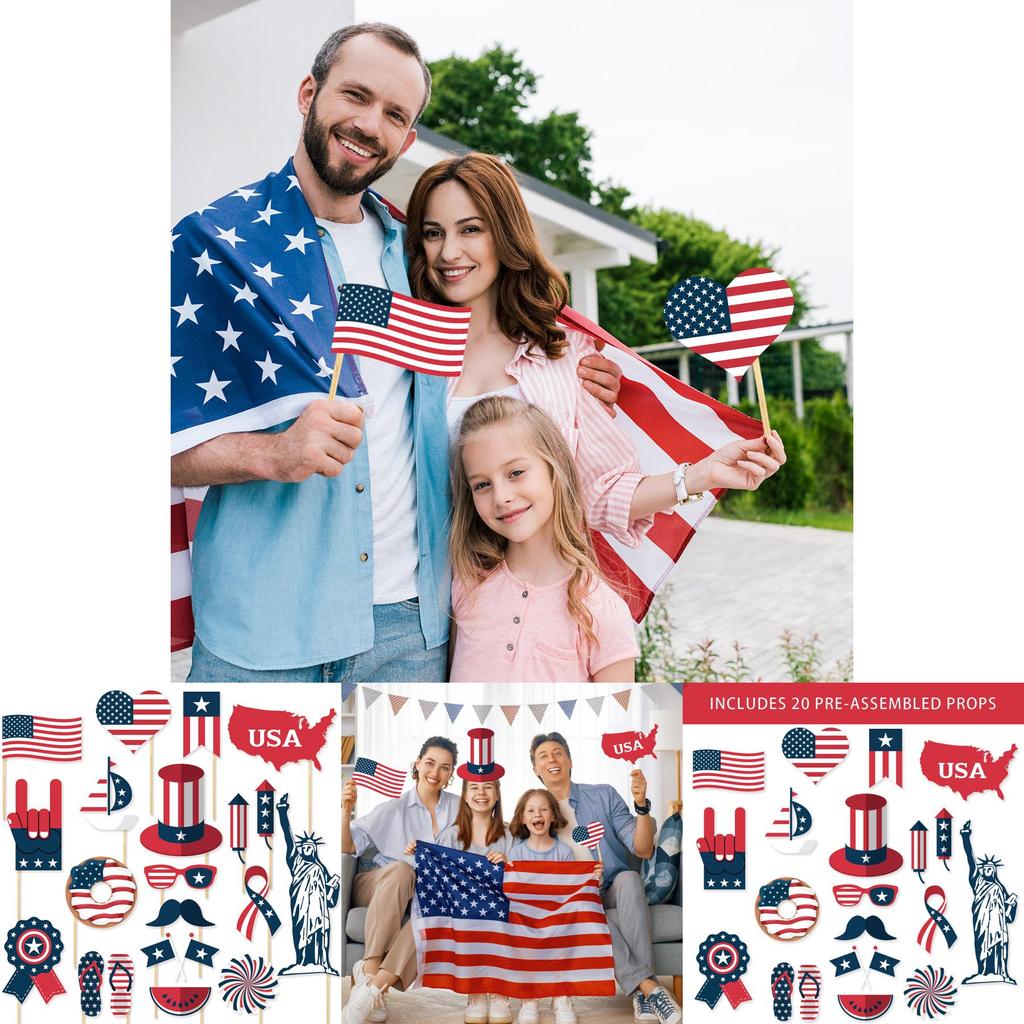 American Independence Day Photo Props Set With 20 Paper Party Decorations For Celebrations