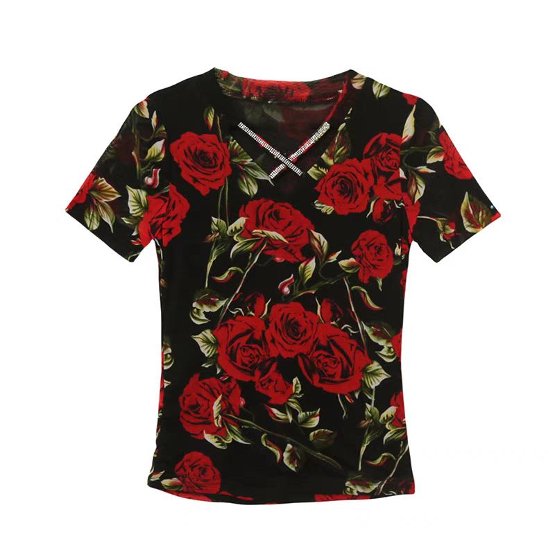 Summer New Fashion Rose Print T-shirt Chic Cross Hollow Out Hot Diamonds Tees Sexy V-neck Short Sleeve Women's Tops Blouse