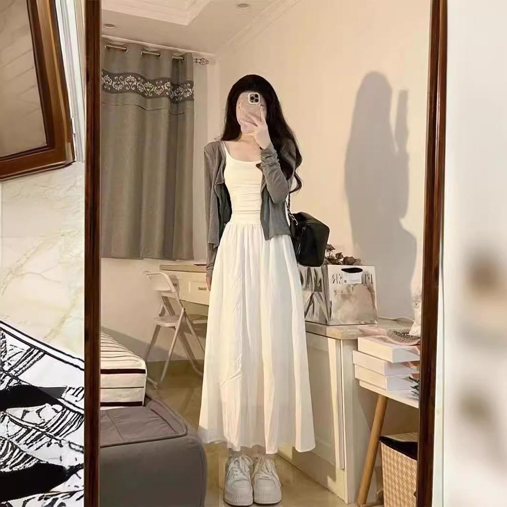 Sweet and gentle wind long-sleeved thin cardigan suspender vest three-piece suit women's spring and autumn high-waisted skirt long skirt