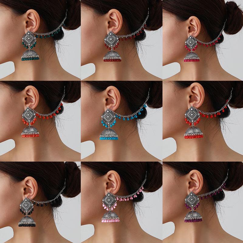 Retro Ethnic Rhinestone Tassel Earrings & Hair Chain Jewelry Set