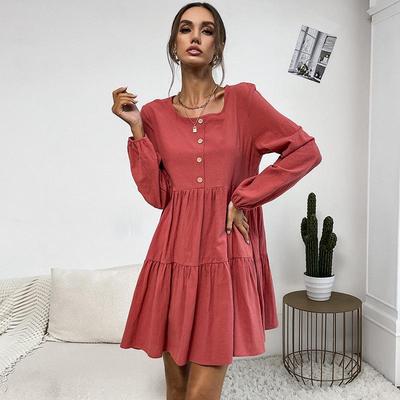 Europäisches & Amerikanisches Damen Plissiertes Baumwollleinen Langarm Freizeitkleid