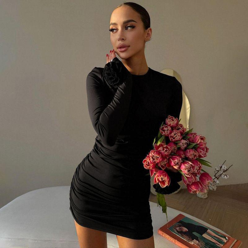 

Fashion Ins Style Autumn Crew Neck Long Sleeves Decorative Flower Dress Women s Stretch Pleated High Waist Silm Slim Looking Bodycon Dress Black L