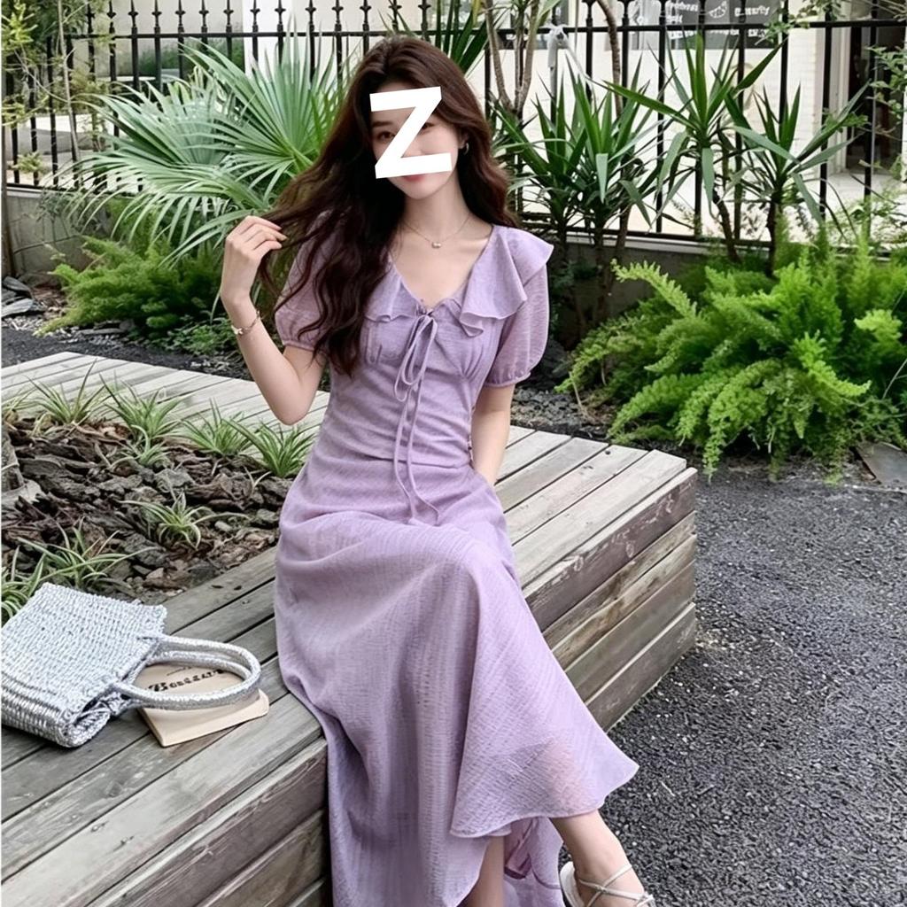 Light green lotus leaf V-neck dress for women's summer waist and thin French gentle wind bubble sleeve temperament long dress