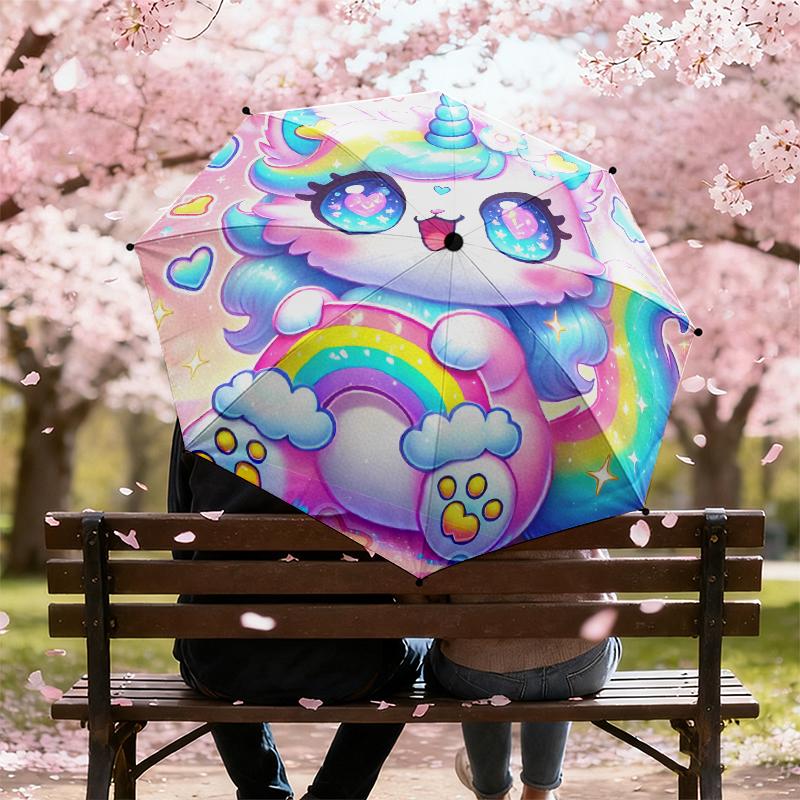 1pc Cartoon cute fantasy unicorn Umbrella Portable Folding Umbrella Iron Frame Hole Bone Structure Outdoor Home Umbrella