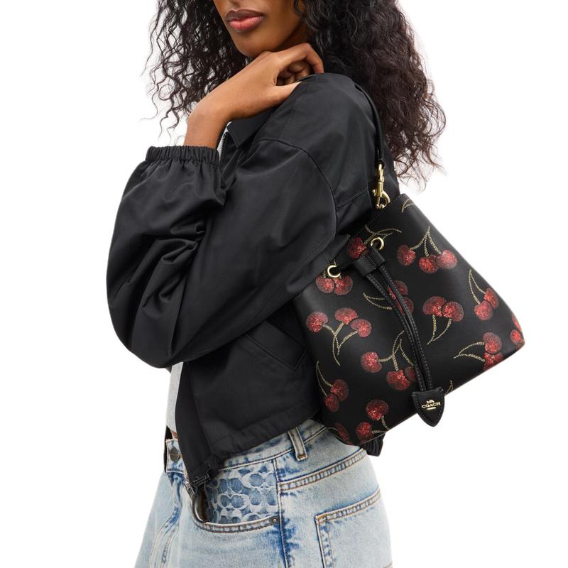 Coach Rowan 21 Cherry Print Bucket Bag Cow Leather Shoulder Handbag Small Size Women's Multicolor