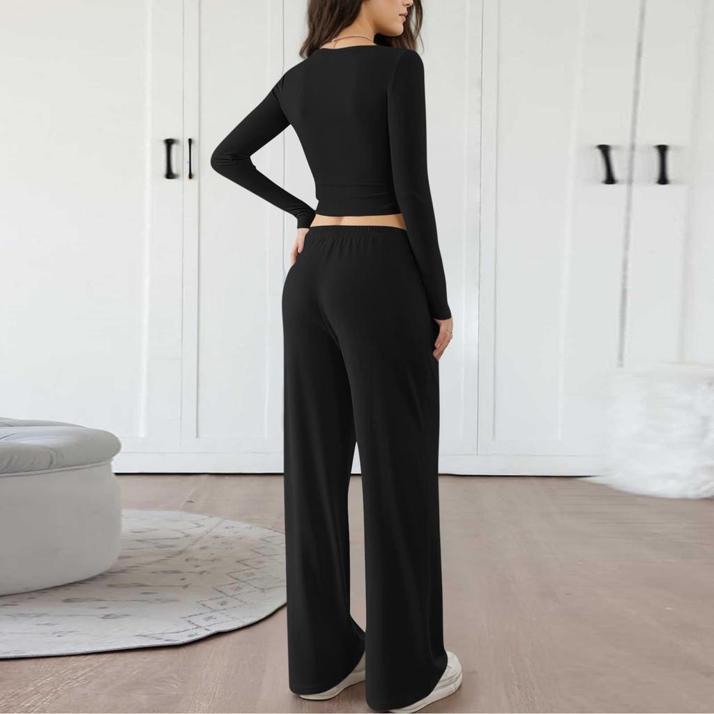 Fashionable Women's Long Sleeve Wide Leg Pants Sports Outfit Loose Two-Piece Set