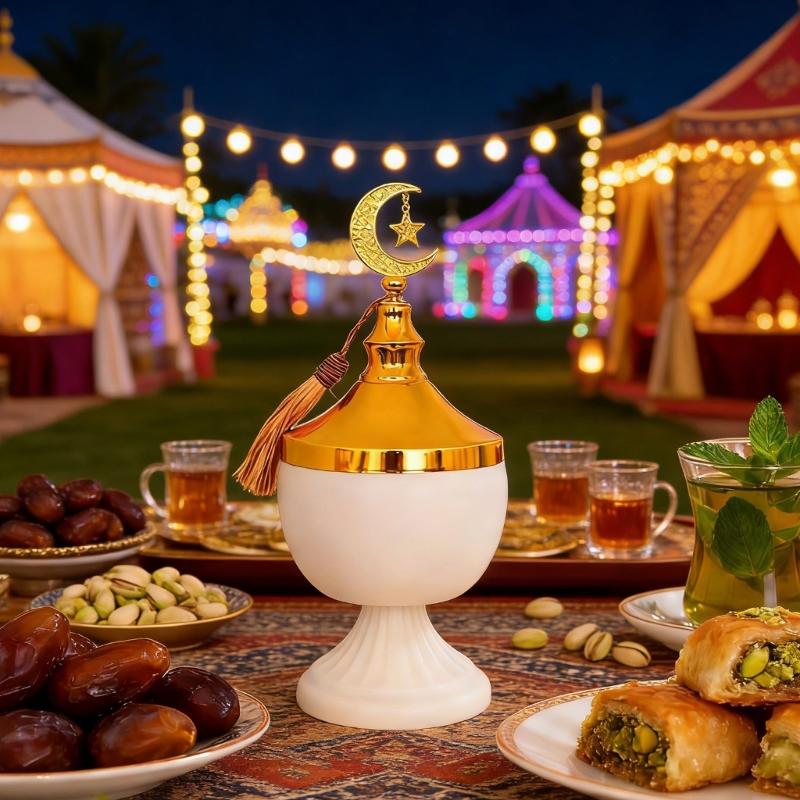 Decorative Ramadans Metal Candy Dish with Lid Islamic Party Tray For Seasonal Displays And Everyday Storage Purposes