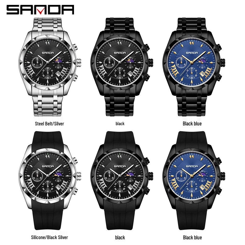 Sanda Men's Waterproof Business Watch - Steel Band, Luminous, with Small Seconds and Simple Calendar.
