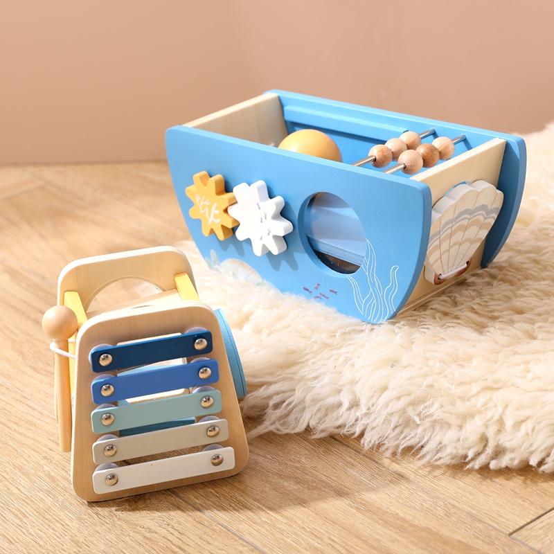 Baby Wooden Montessori Toys Cartoon Wooden Ship Multi-function Game Music Percussion Toy Sensory Educational Toys for  Newborns