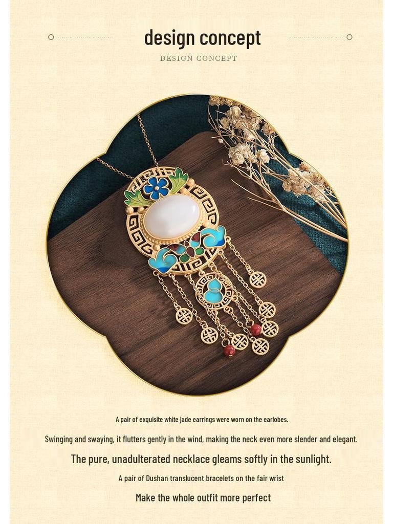 Ancient Gold-Plated Enamel Hetian Jade Tassel Necklace for Women