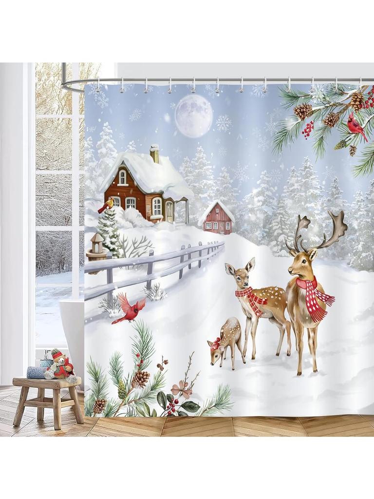 Winter Deer Shower Curtain, Xmas Cardinals on Pine Branches Snowy Forest Christmas Bathroom Curtain Polyester Fabric Waterproof