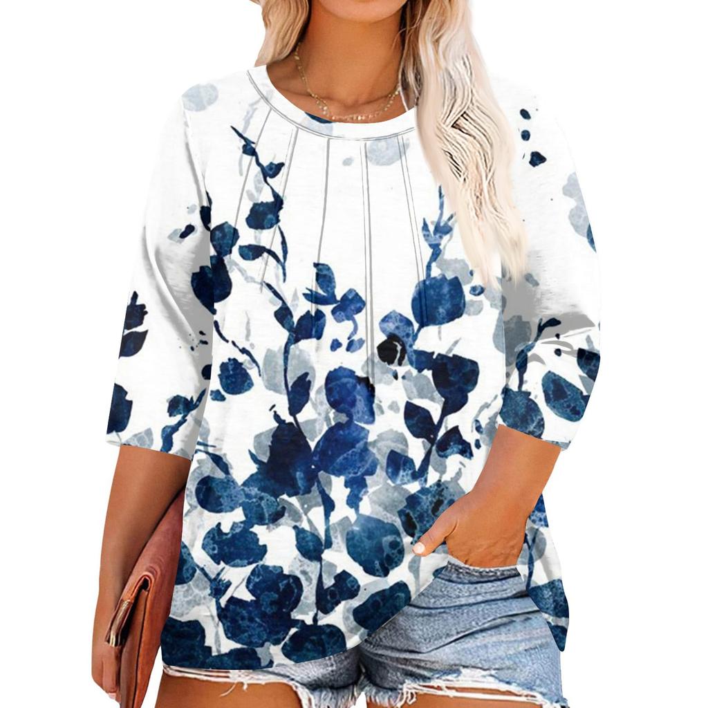 Women's Print Round Neck Plus Size Tops 3/4 Sleeves Elegant Shirt Tops