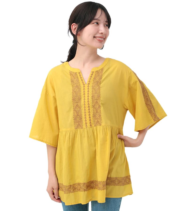 Titicaca Geometric Embroidered Indian Half Free NSICD142 Pullover, Women's, Cotton, Sleeves, Soft, Size, Mustard,