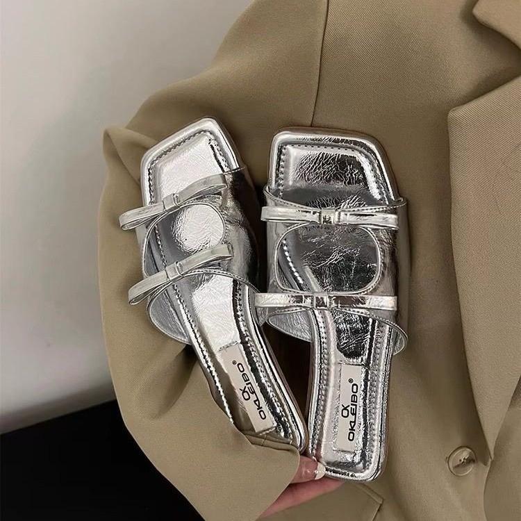 

2024 новые французские банты на плоской подошве женские летние сказочные ветреные пляжные открытые носки классные тапочки 35 серебряный