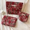 Vintage Makeup Bag Dark Red Floral Jacquard Fabric Cosmetic Pouch Women's Zip Square Clutch Handbag for Toiletries Storage