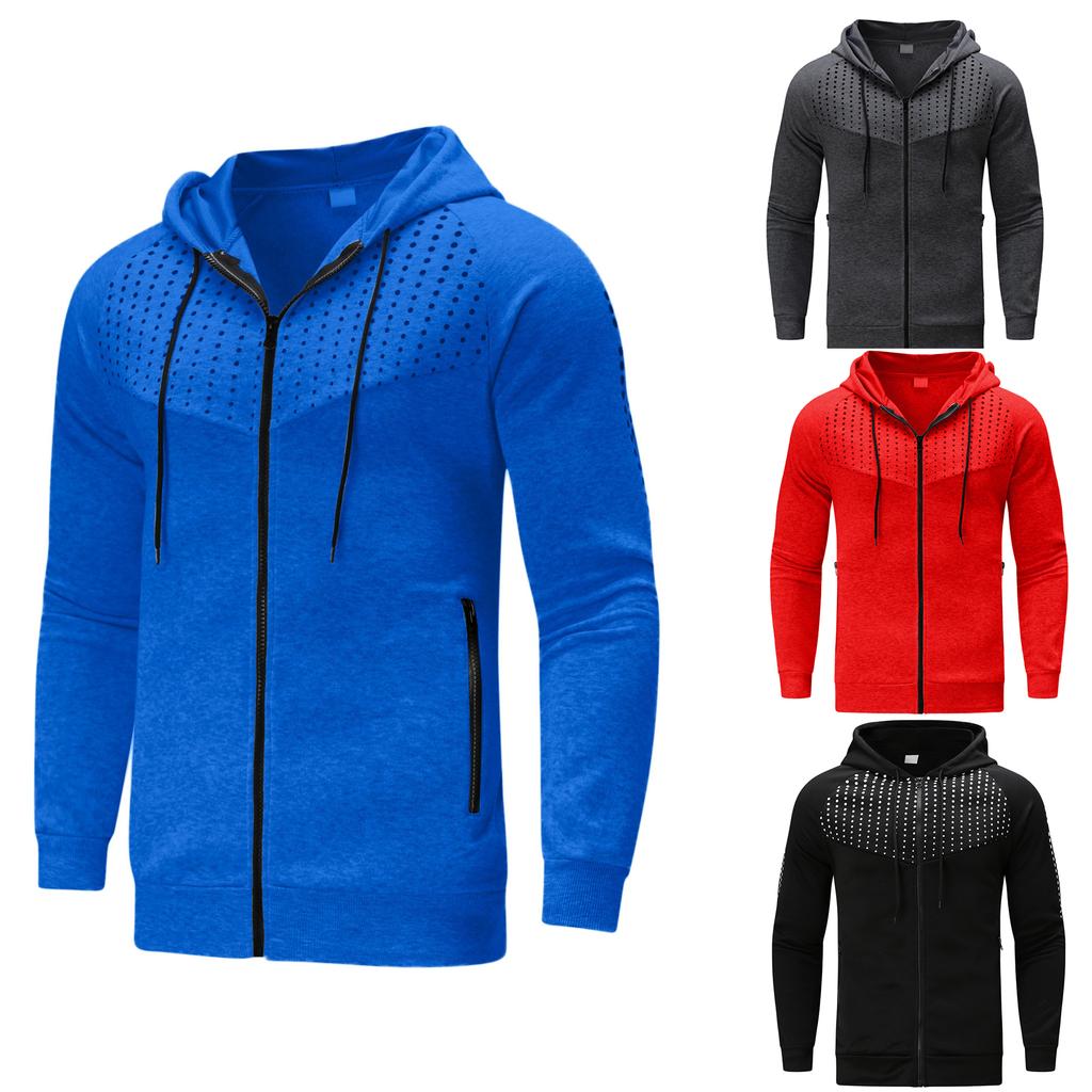 Autumn Winter Men Long Sleeve Sweatshirt Polka Dot Print Hooded Zip Up Pocket Casual Hoodie Men's Sports Coats
