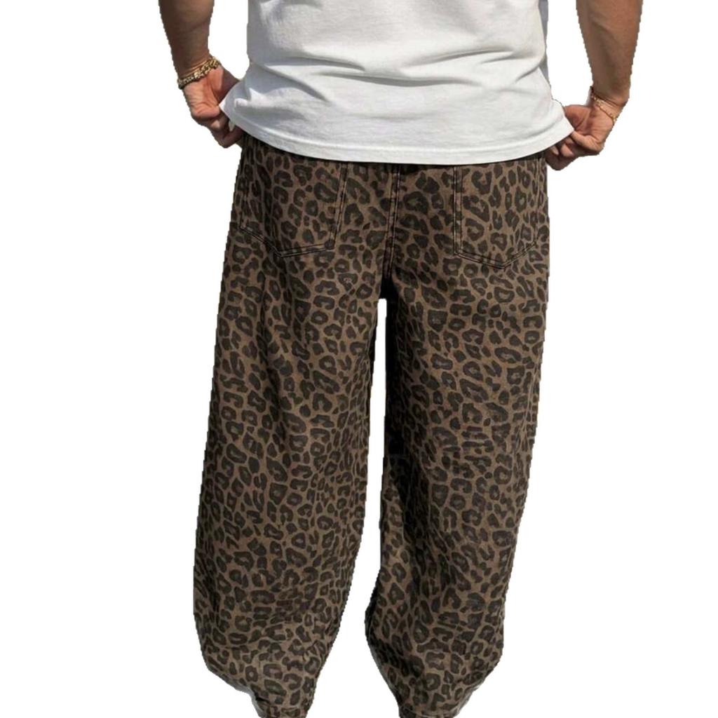 American leopard print wide-leg jeans design sense retro high waist thin loose mopping jeans