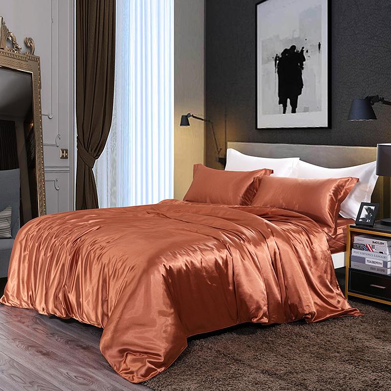 European Solid Color Mulberry Silk Bedding Sets Ice Silk Satin Cooling Bedclothes High Quality Skin-Friendly Smooth Duvet Kit