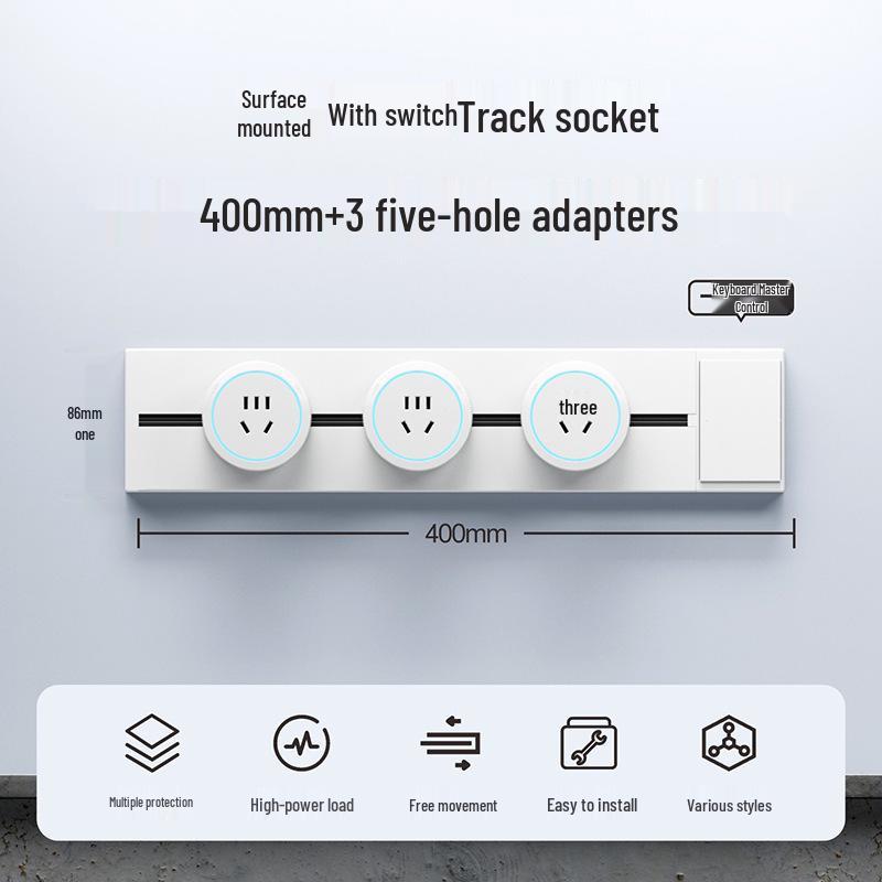 Surface-Mounted Anti-Shock Adjustable Power Strip with Switch Track for Kitchens