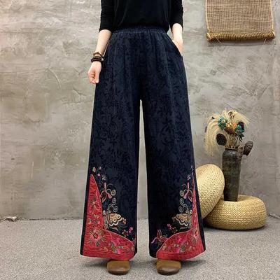 Pantalones Negros de Pierna Ancha para Mujer Estilo Étnico Bordado en el Dobladillo Holgados Casuales